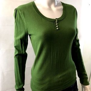 Button Trim Sweater S Emerald Green Scoop Neck